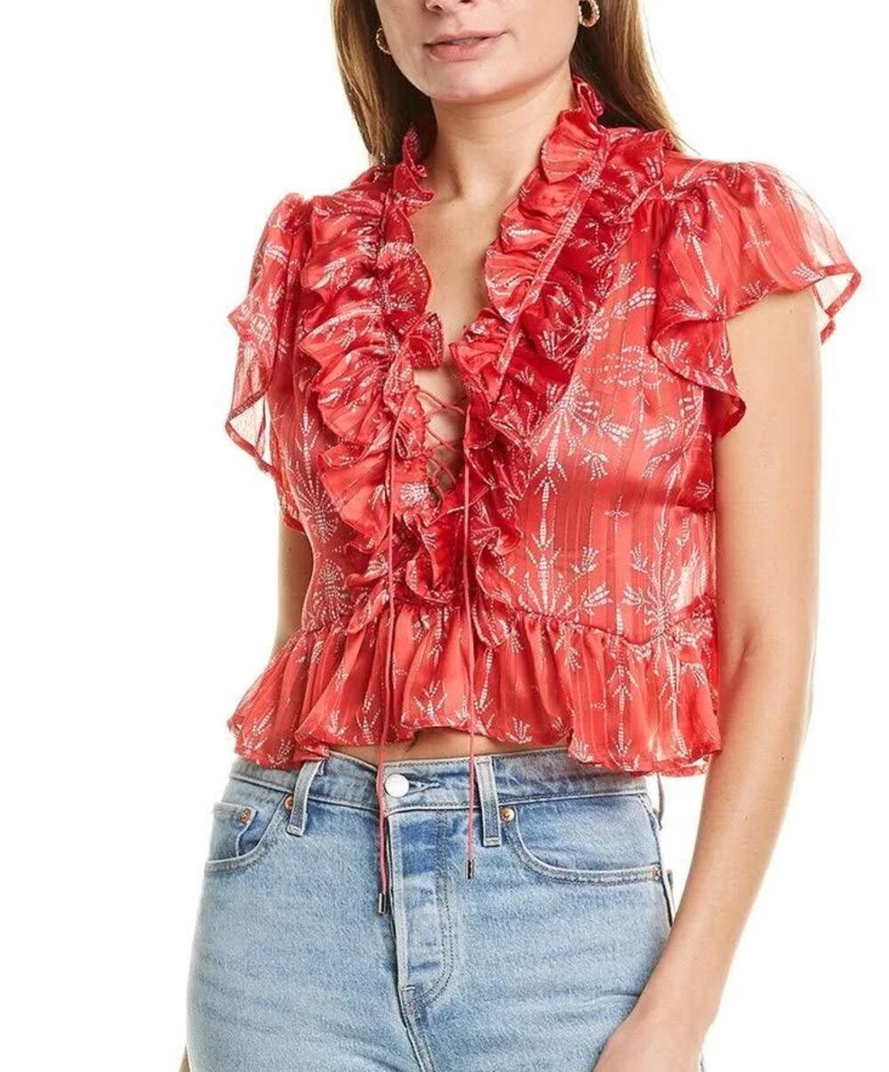 Sabina Musayev Red Ruffle Lace Up Sheer Blouse Top XS Romantic